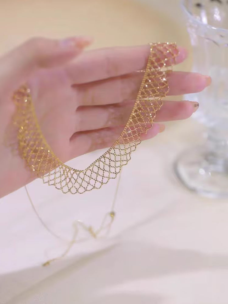 18K Gold-plated Flash Mesh Lace Necklace with Pearl Pandent