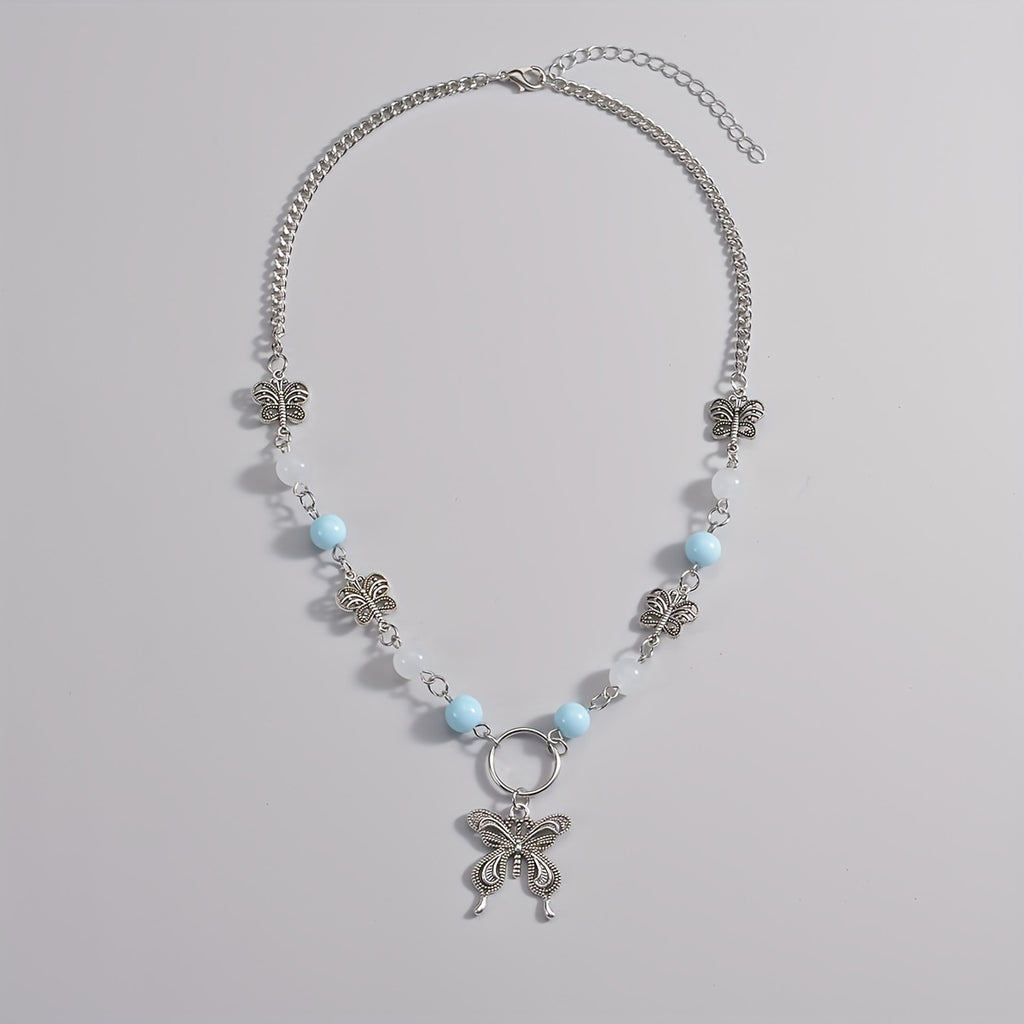 Elegant Hollow Alloy Butterfly Pendant Bead Women's Necklace, Delicate Neck Jewelry Gift