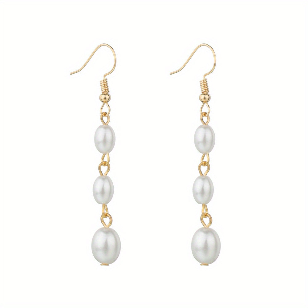 Exquisite Faux Pearl Decor Long Dangle Earrings Retro Elegant Style Plastic Jewelry Wedding Banquet Party Accessories