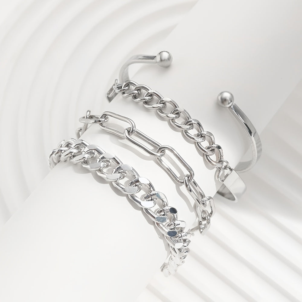 4 Pcs/Set Multilayer Bangle & Chain Bracelet Hand Jewelry for Women & Girls