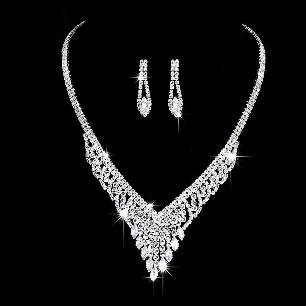 Elegant Wedding Jewelry Set with Shimmering Rhinestone V-Necklace and Dangling Earrings for Brides