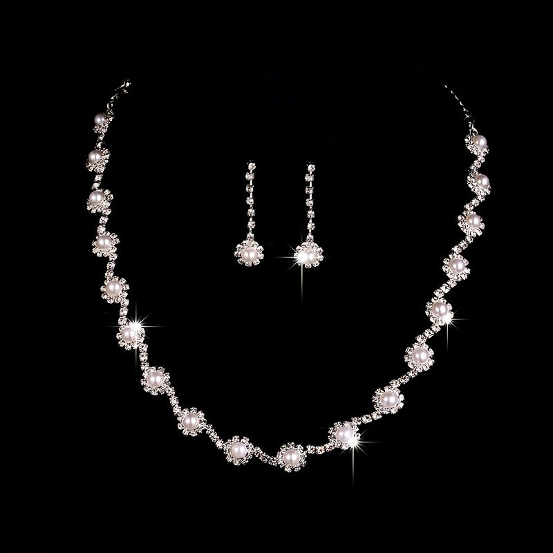 Elegant Flower Rhinestone Jewelry Set with Faux Pearls - Perfect for Parties, Proms, and Special Occasions