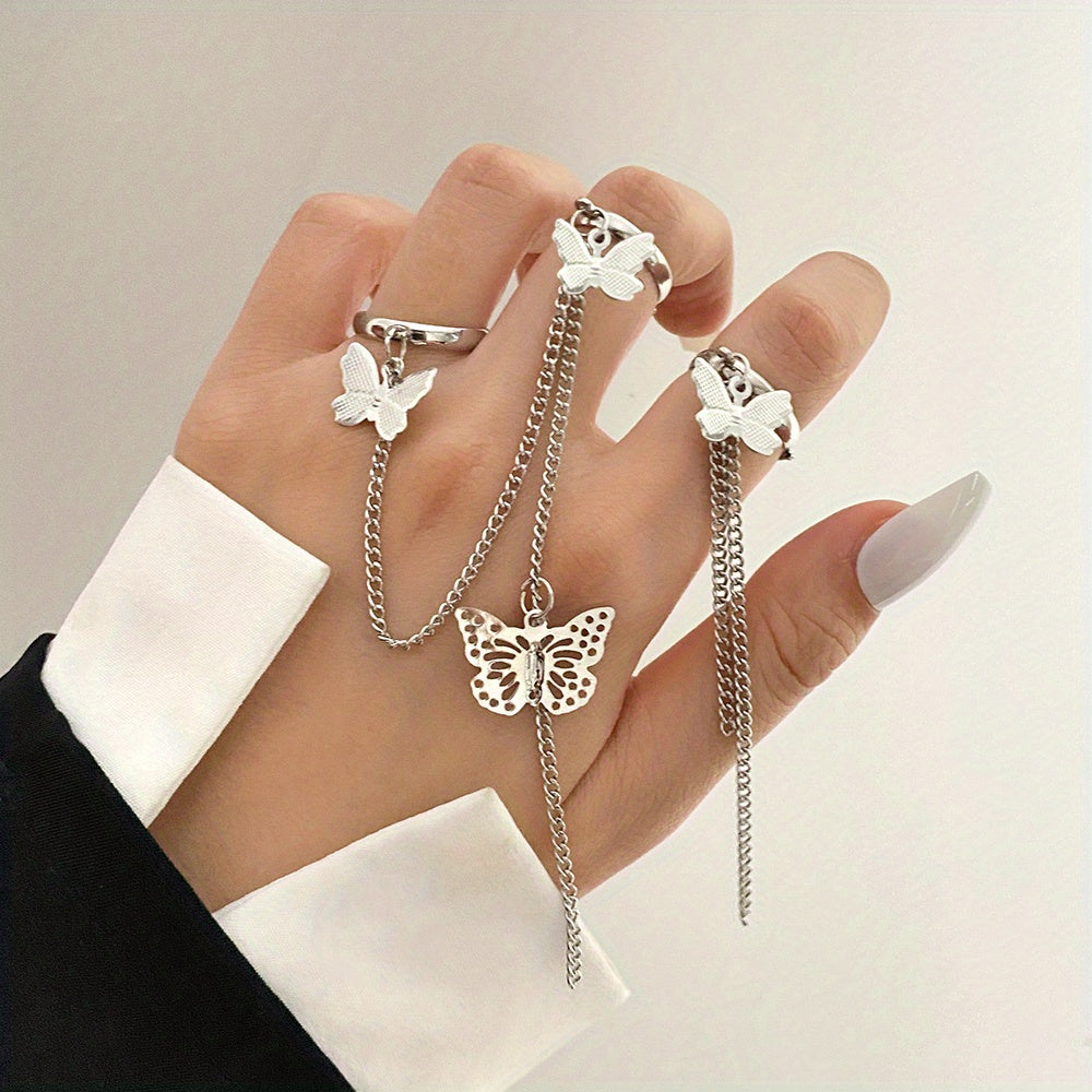 Get ready to rock the Gothic look with our 2pcs Punk Vintage Butterfly Ring Chain Open Ring Set - perfect for women who love unique and edgy jewelry!