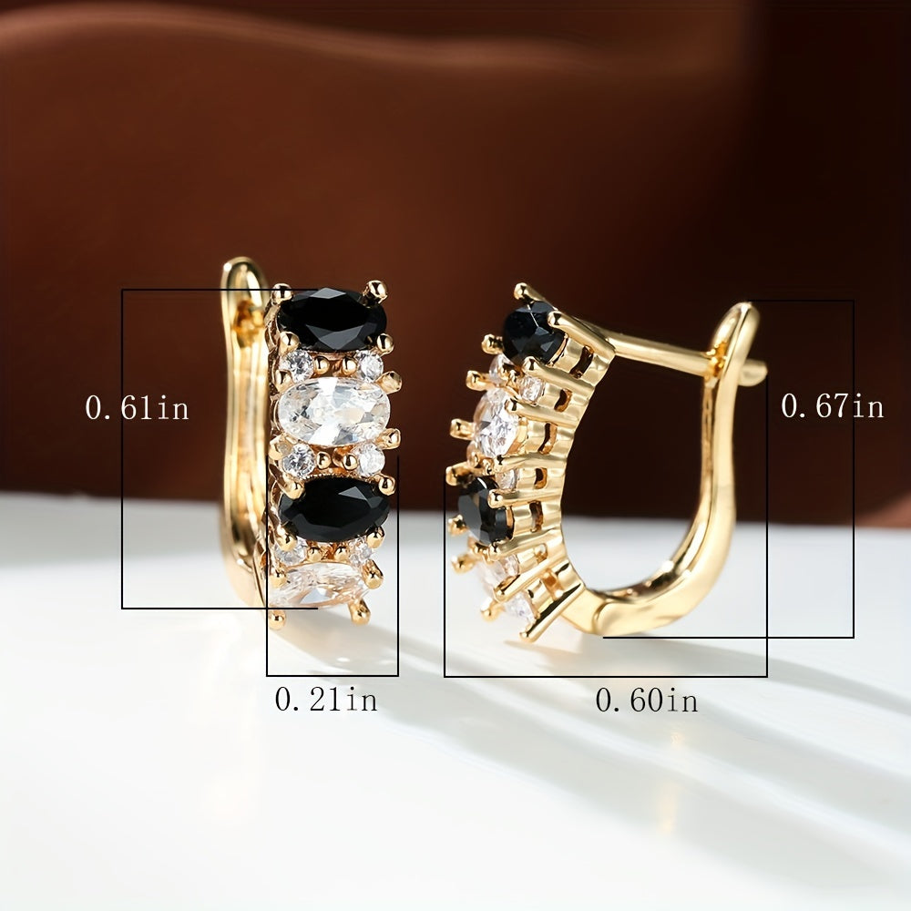 Black & White Oval Shiny Zircon Decor Hoop Earrings Elegant Minimalist Style Copper 18K Gold Plated Jewelry Daily Casual
