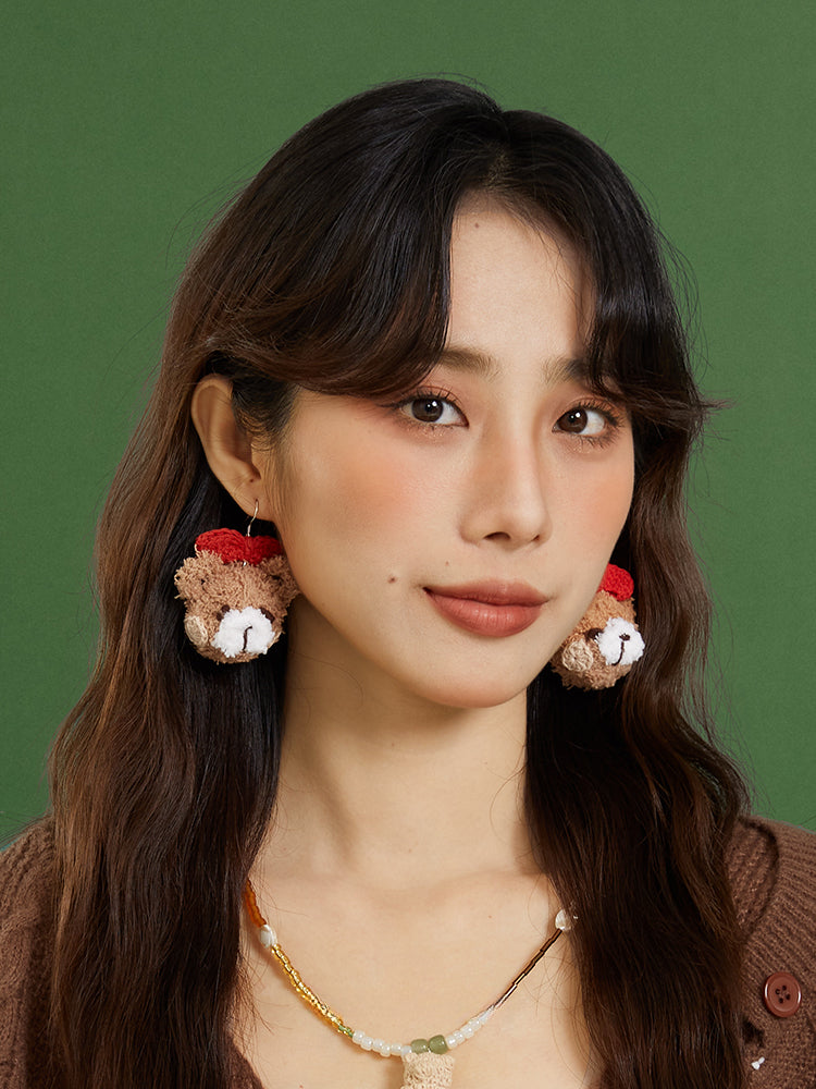 LB Hand Crochet "Teddy Bear" Earrings "Bow Bear" Ear Clip LOJL91