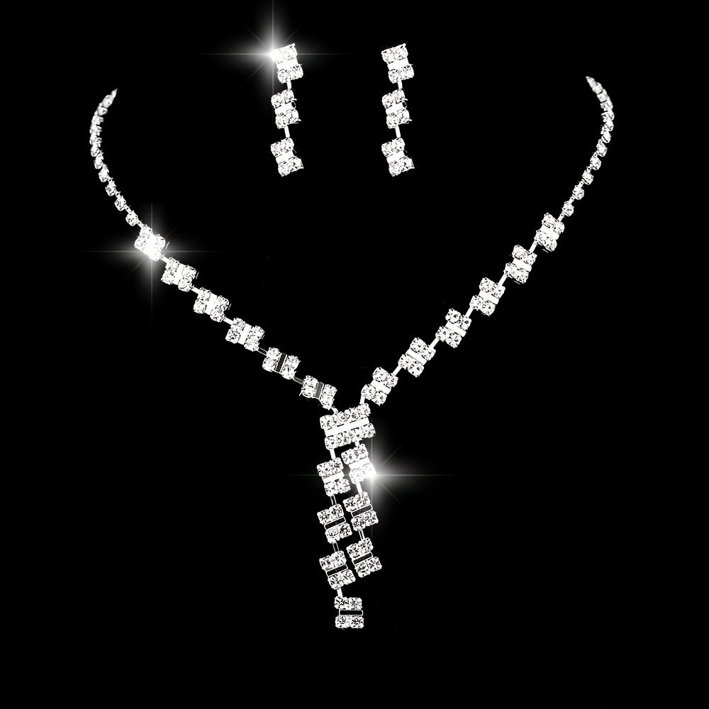 Elegant Square Rhinestone Jewelry Set with Tassel Pendant Necklace and Dangle Earrings for Women - Perfect for Formal Occasions and Everyday Wear