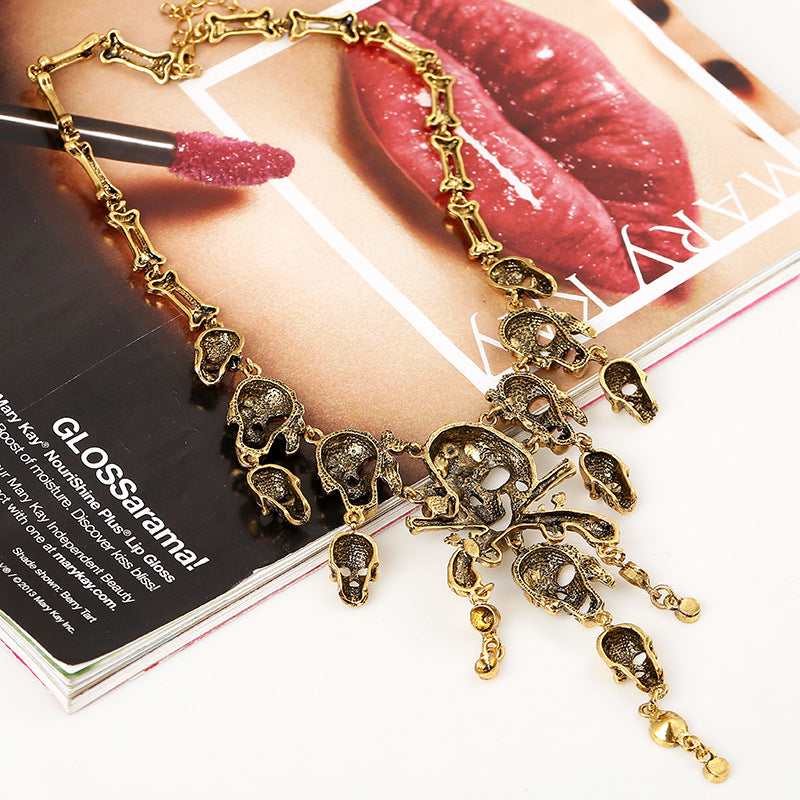 Vintage Skull Necklace: Punk Style Sweater Chain for Halloween Holiday Jewelry Accessories