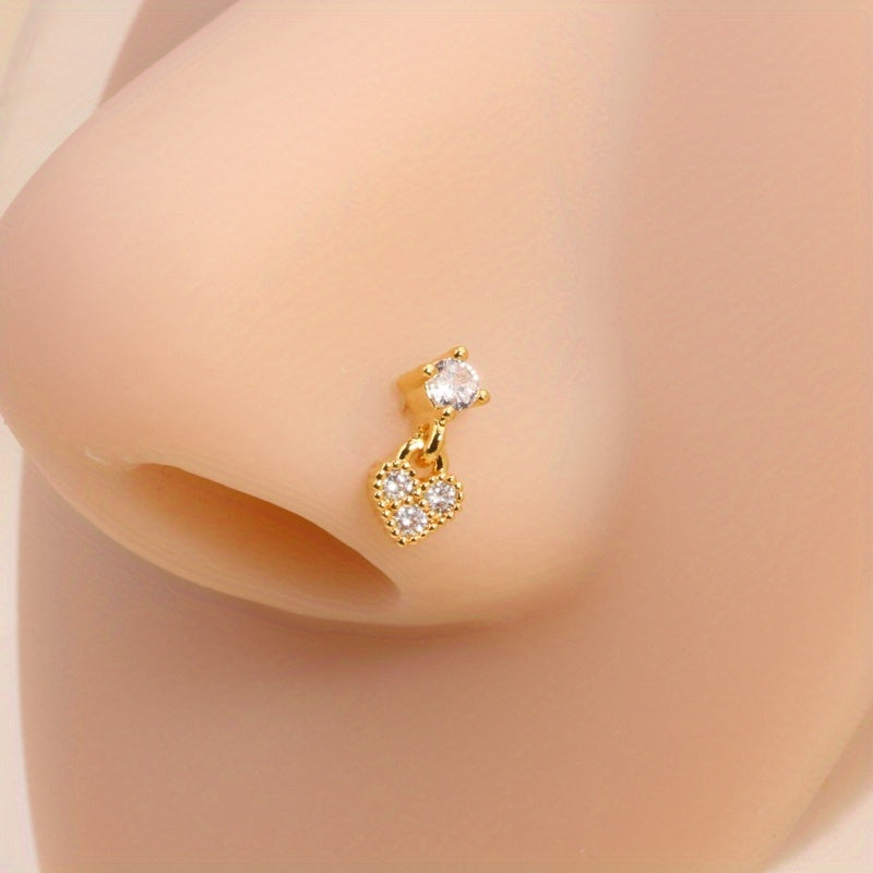 Simple Style Love Heart Shape Pendant Nose Nail Inlaid Shiny Pink Zircon L-Shaped Ear Cartilage Piercing Body Jewelry Nose Ring