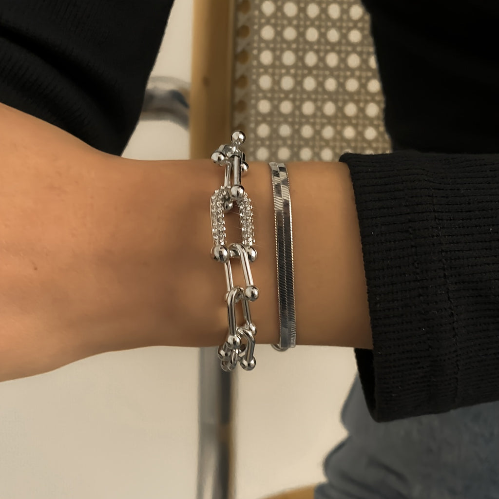 2-Piece Flat Snake Chain Diamond Bracelet Set Featuring U-shaped Buckle