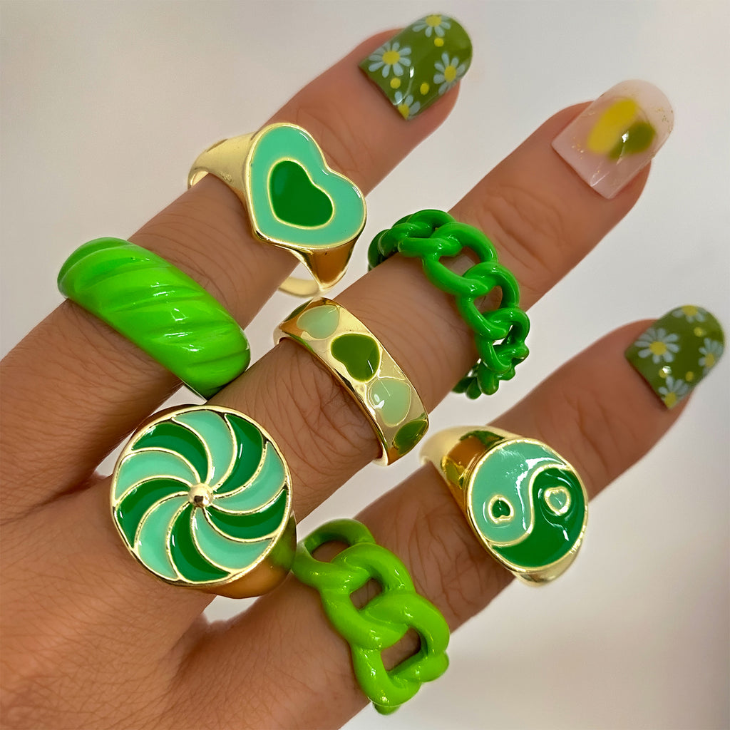 Punk Drip Oil Green Heart Geometric Chain Ring Set Of 7