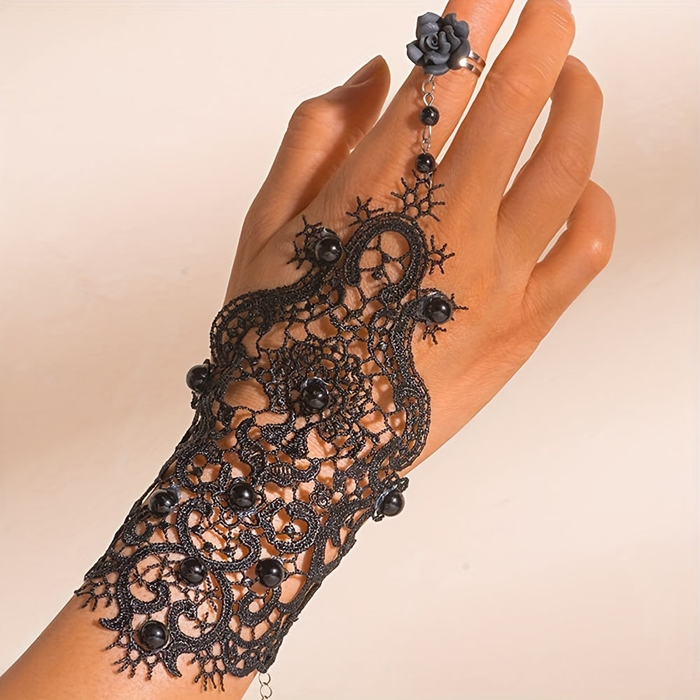 1pc Women Goth Rose Beads Flower Lace Hollow Out Glove Adjustable Ring Long Bracelet