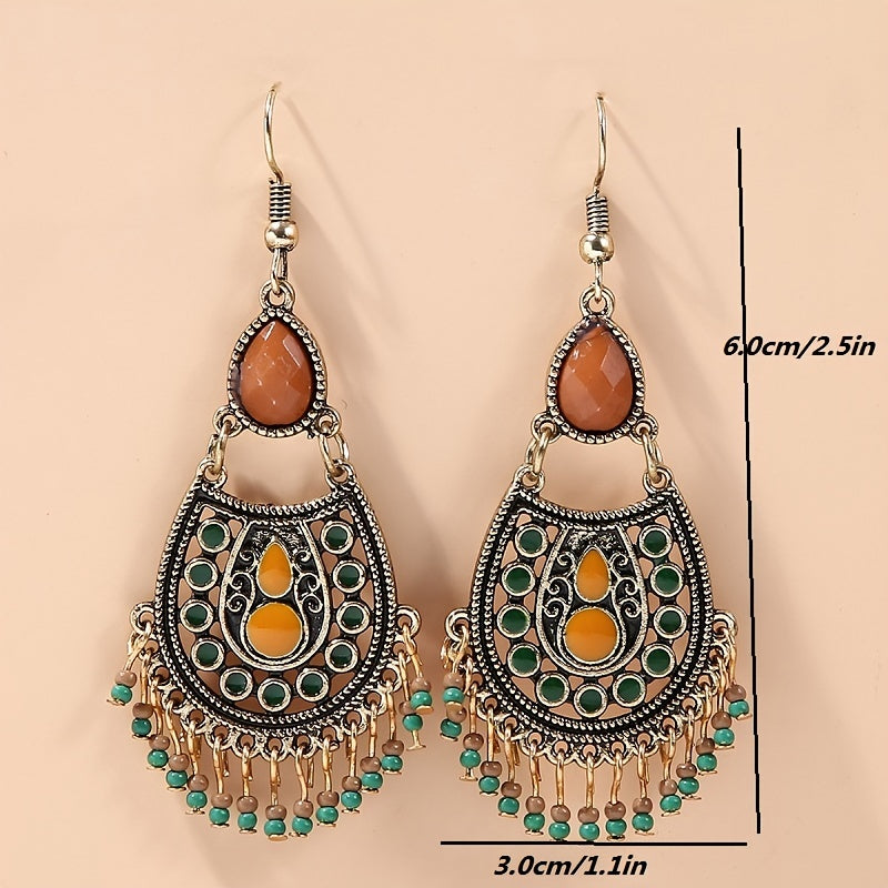 Bohemian Birthstone Beaded Tassel Drop Dangle Earrings Silver Plated Vintage Decor Party Holiday Gift For Women Girls 1Pair