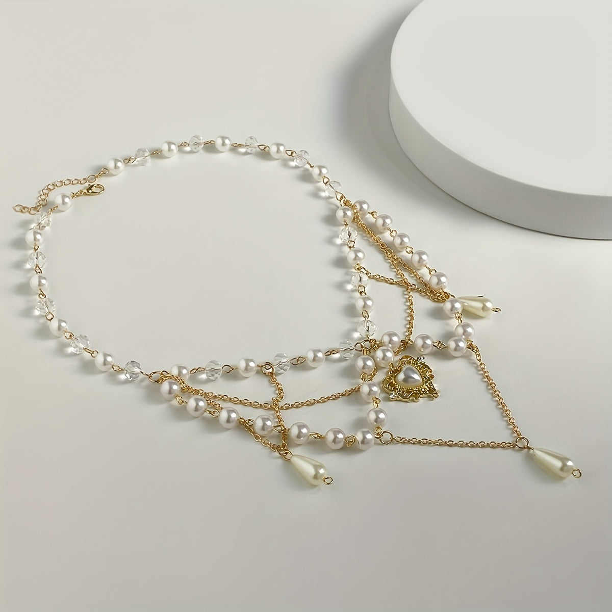 Baroque Vintage Multilayer Tassel Crystal Hollow Love Heart Pendant With Teardrop Shape Faux Pearl Necklace, Women's Holiday Accessories