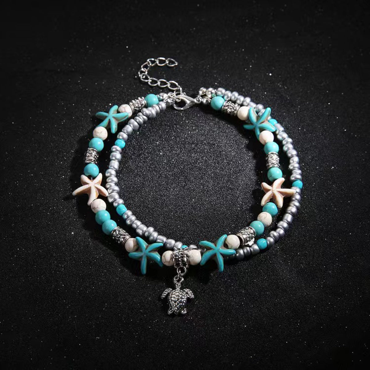 Add a Touch of Beachy Charm with our Colorful Beaded Anklet Chain - Featuring Starfish and Turtle Charms, Adjustable Size, Perfect for Women and Girls