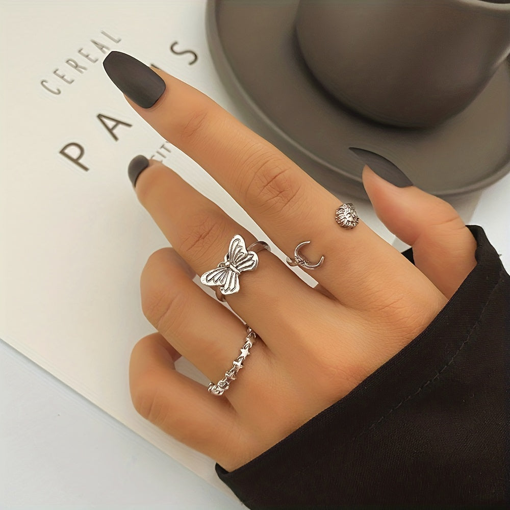 Vintage Style Finger Ring Set With Butterfly & Moon & Star Shape Pattern Opening Finger Ring Set
