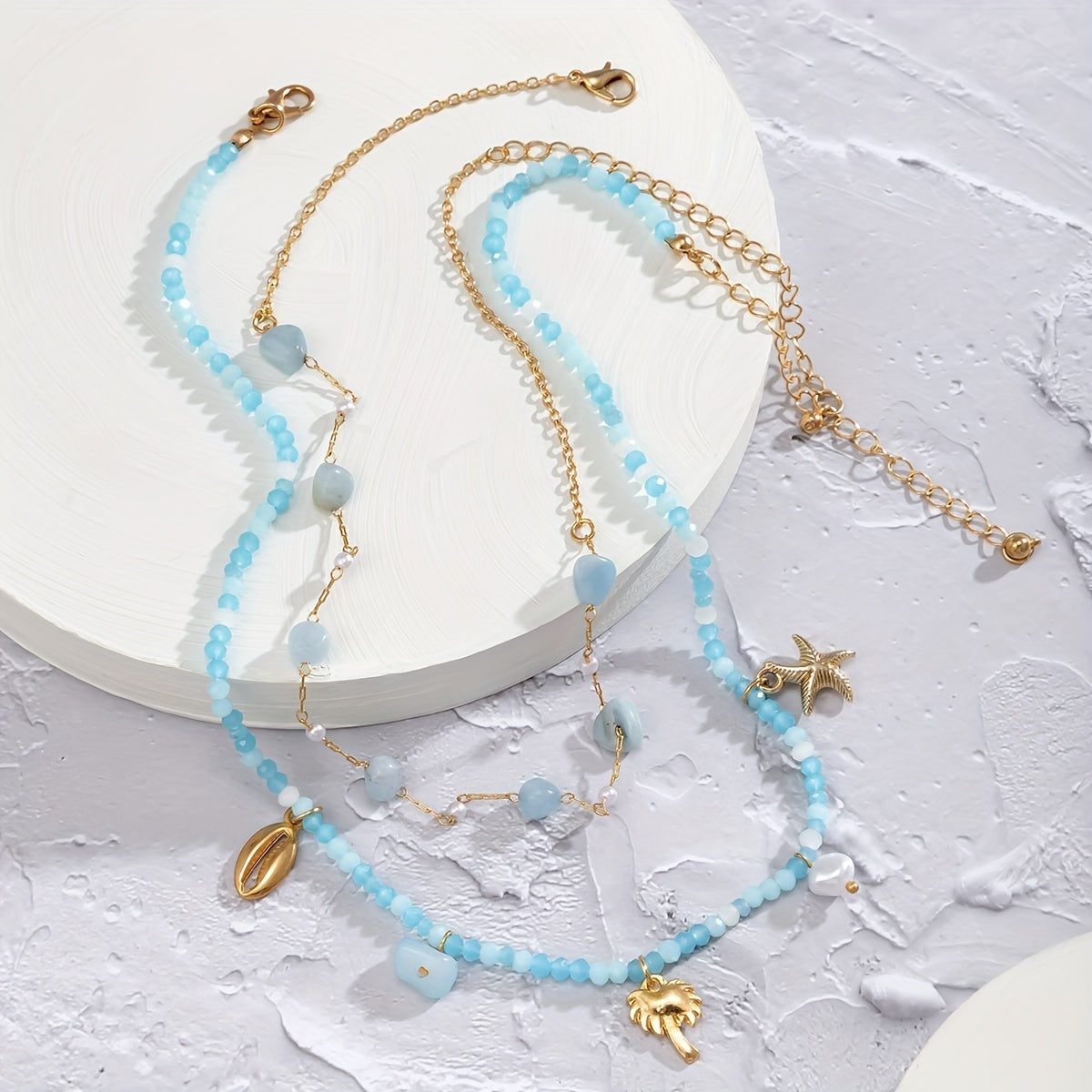 2pcs Crystal Beaded Crushed Stone Faux Pearl Shell Necklace - Perfect for Beach & Travel Decor!