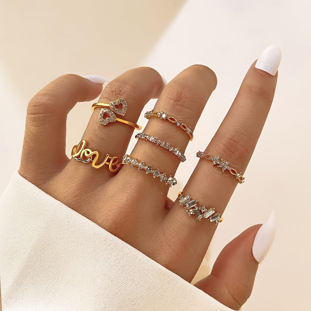 Shine Bright with our 7pcs Golden Rhinestone Love Joint Ring Set - Perfect Stylish Decoration Accessories for Women