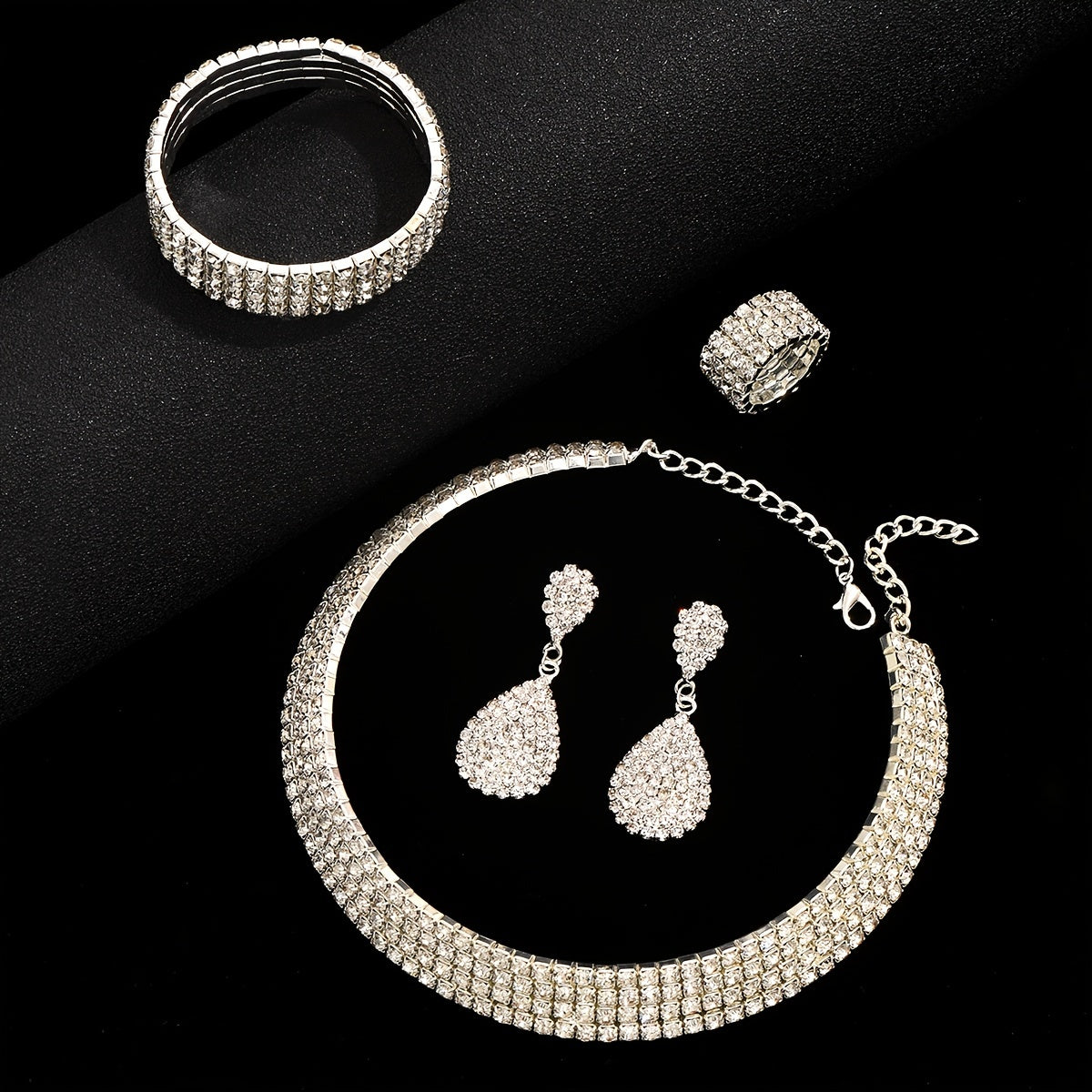 4pcs/set Elegant Women's Jewelry Set - Stretch Collar Bracelet, Rings, and Earrings for a Complete Look