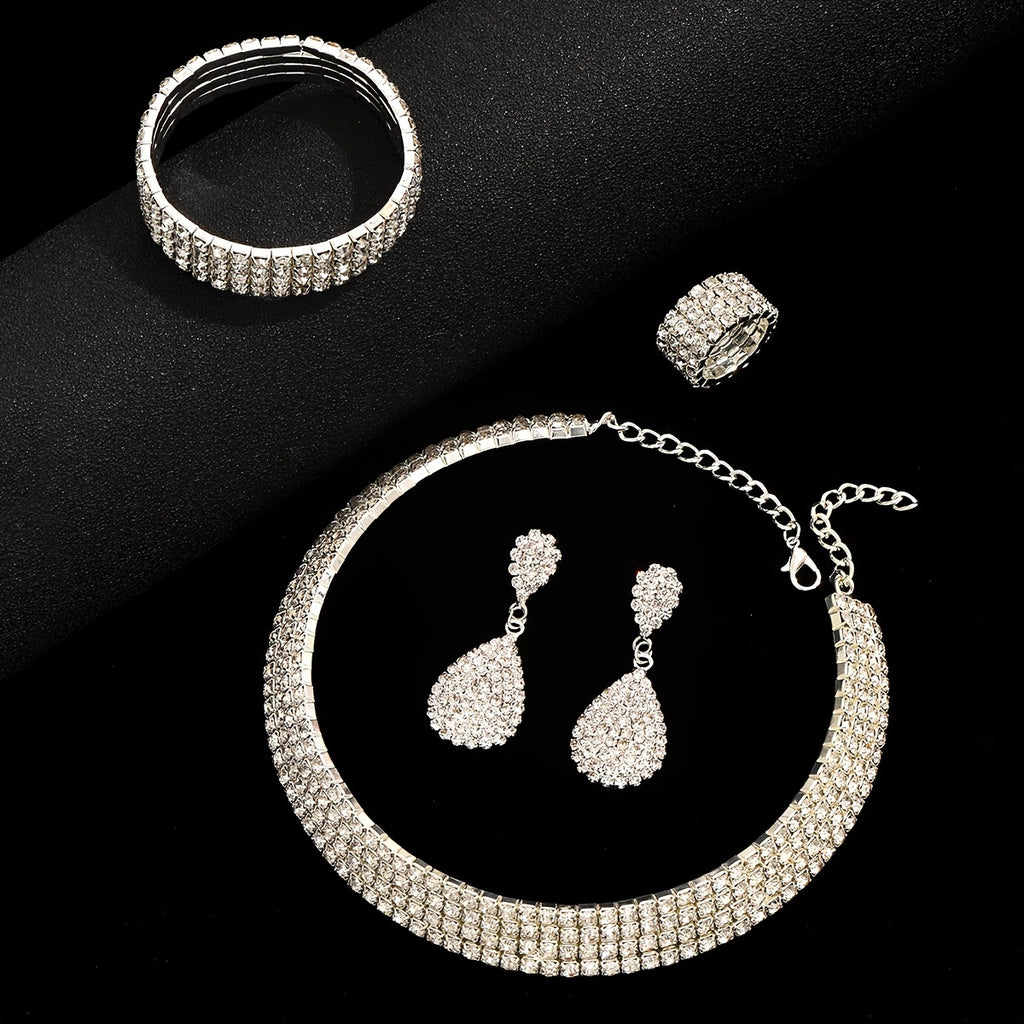 4pcs/set Elegant Women's Jewelry Set - Stretch Collar Bracelet, Rings, and Earrings for a Complete Look