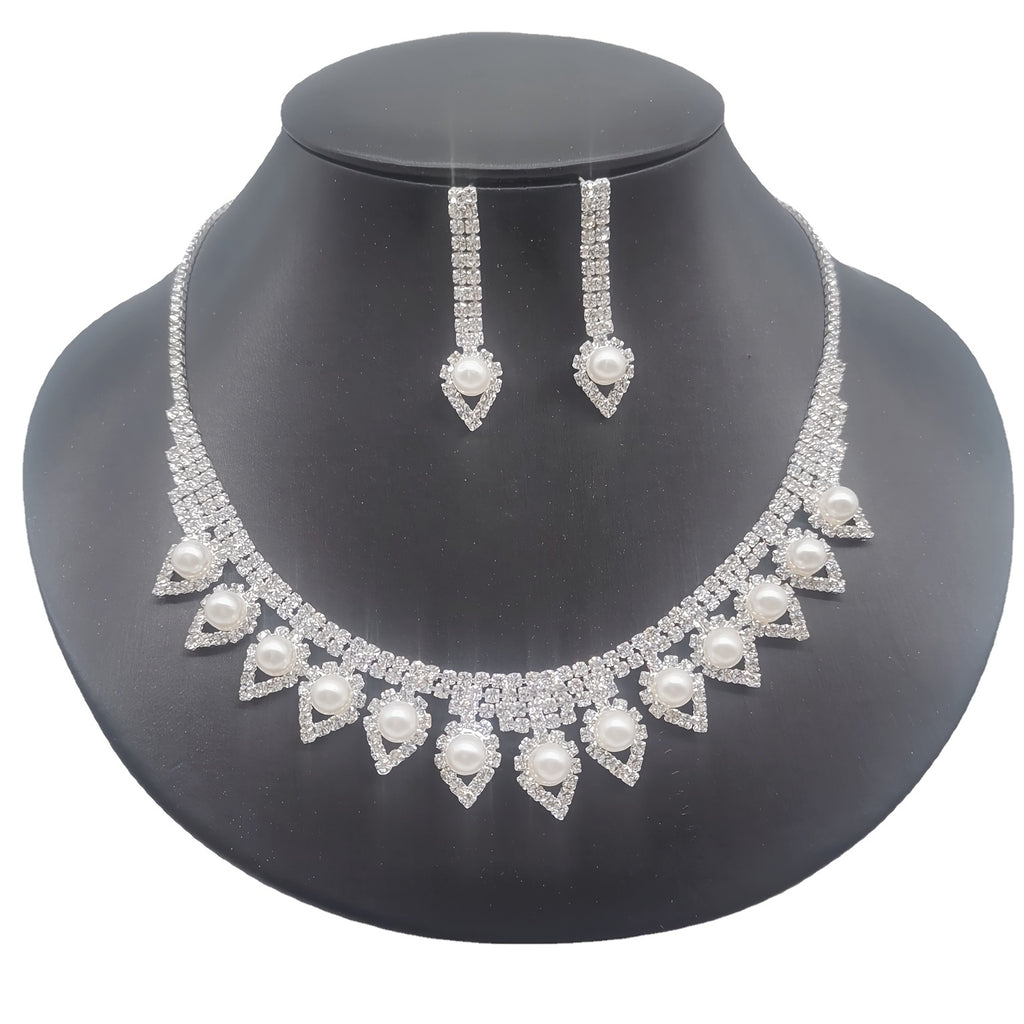 Elegant Faux Pearl and Rhinestone Necklace and Earring Set for Parties and Special Occasions