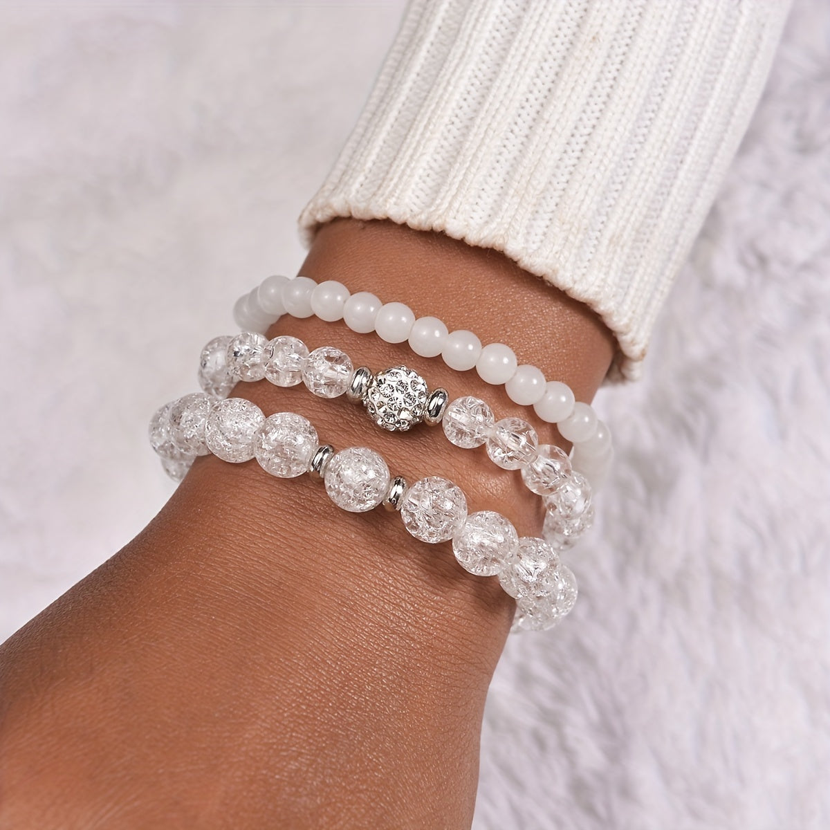 3pcs Glass Crackle Beads Ladies Bracelet Set White Transparency Beads Bracelets