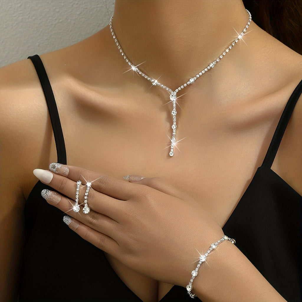 4pcs Necklace Earrings Plus Bracelet Dainty Jewelry Set Silver Plated Inlaid Rhinestone Evening Party Decor Wear It To Night Club