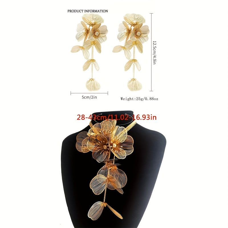 Glam Up Your Night Out with this Vintage Jewelry Set - 3pcs Earrings Plus Necklace Handmade Flower Decor Inlaid Rhinestone!