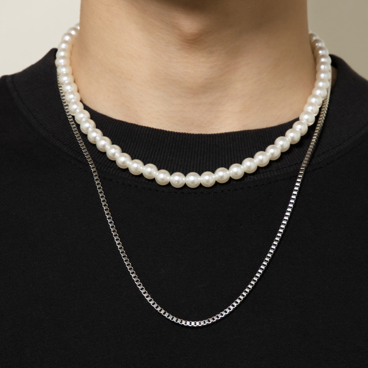 Get Trendy with our 2pcs/Set Hip Hop Geometric Box Chain Stacked Pearl Necklace Set
