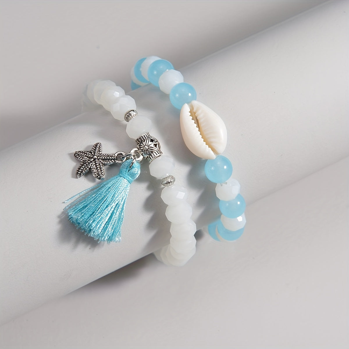 2pcs Glass Beads Tassel Alloy Starfish Pendant Ladies Bracelet Set Summer Beach Decor Vacation Ornament