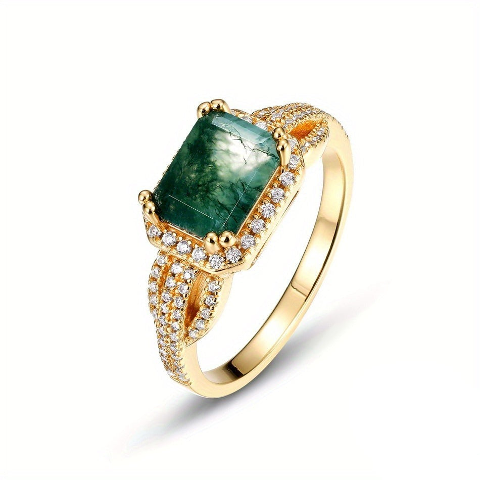 925 Sterling Silver Ring Inlaid Moss Agate 14k Gold Plated High Quality Jewelry For Female Party Accessory Perfect Birthday Gift For Yourself