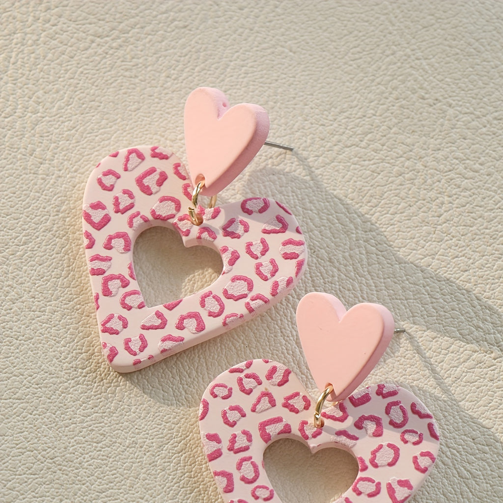 Pink Leopard Pattern Hollow Heart Design Dangle Earrings Retro Cute Style Acrylic Jewelry Exquisite Gift For Lovers