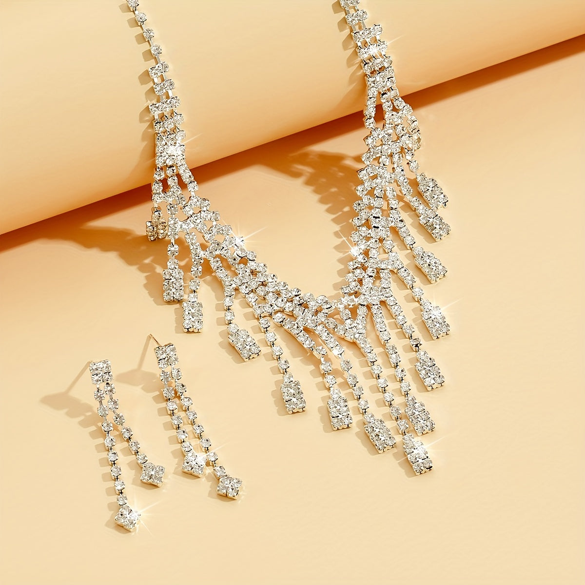 3pcs Elegant Silver Plated Jewelry Set with Rhinestone Inlay and Long Tassel Design for Evening and Cocktail Parties