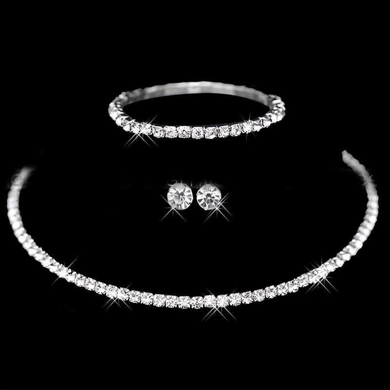 Elegant Crystal Bridal Jewelry Set - Shimmering Zircon Tennis Necklace, Stud Earrings, and Bracelet - Perfect Bridesmaid Gifts for Weddings