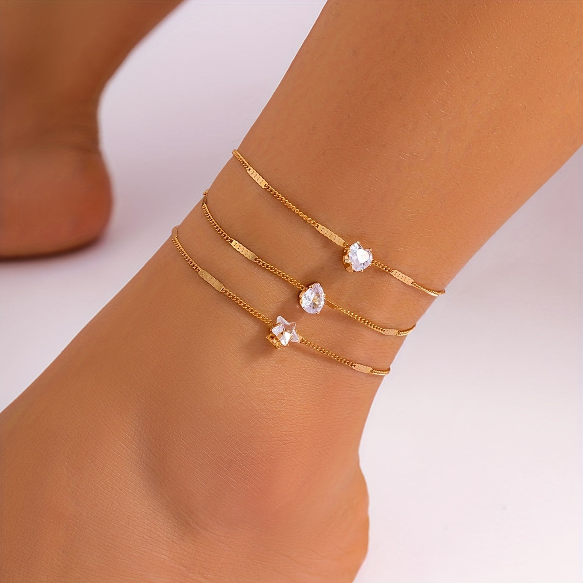 Simple Stackable Chain Anklet Inlaid Shiny Zircon Multi Layers Chain Ankle Bracelet For Women Girls