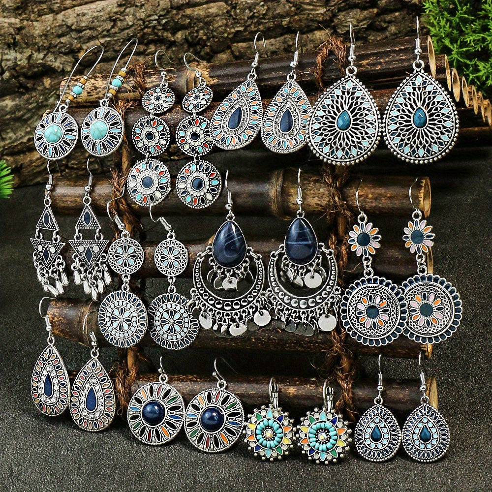 12 pairs Ethnic Style Women's Earrings Set - Multi-colored Round and Drop-shaped Flowers with Turquoise and Rhinestone Pendants