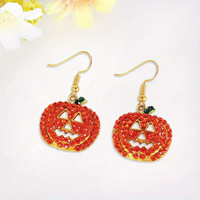 Halloween Pumpkin Design With Orange Shiny Rhinestone Decor Dangle Earrings Retro Simple Style Zinc Alloy Jewelry Female Gift