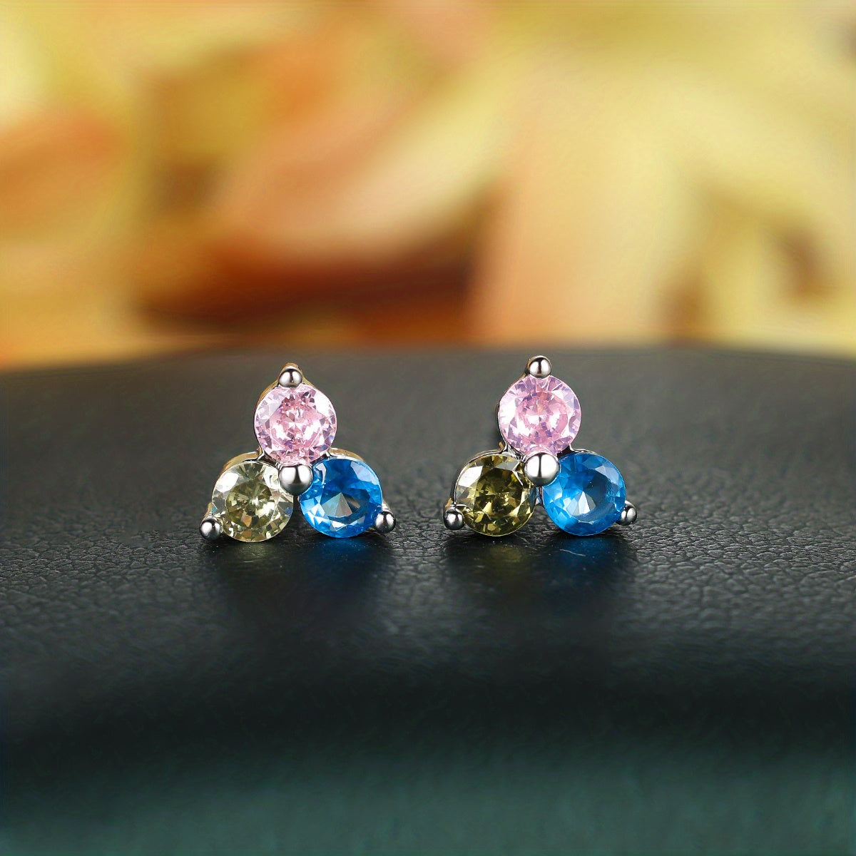 3 Colorful Shiny Zircon Decor Stud Earrings Bohemian Cute Style Copper Jewelry Daily Wear Accessories Female Gift