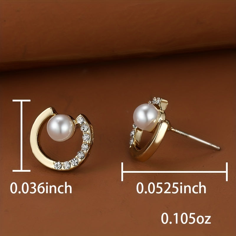 Faux Pearl Shiny Zircon Decor Golden Stud Earrings Retro Elegant Style Copper 18K Gold Plated Jewelry Daily Casual