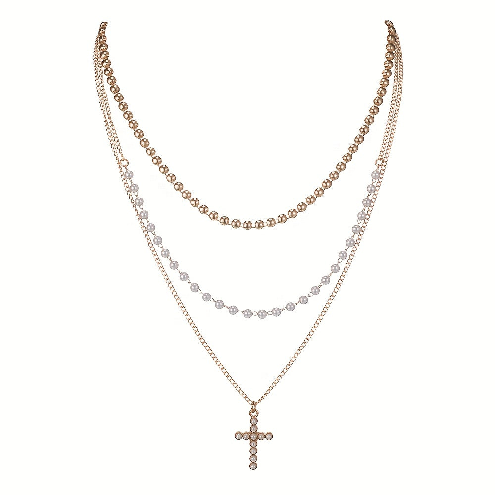 Punk Style Alloy Cross Pendant Multilayer Stacking Necklace Unisex Neck Jewelry For Women Girls