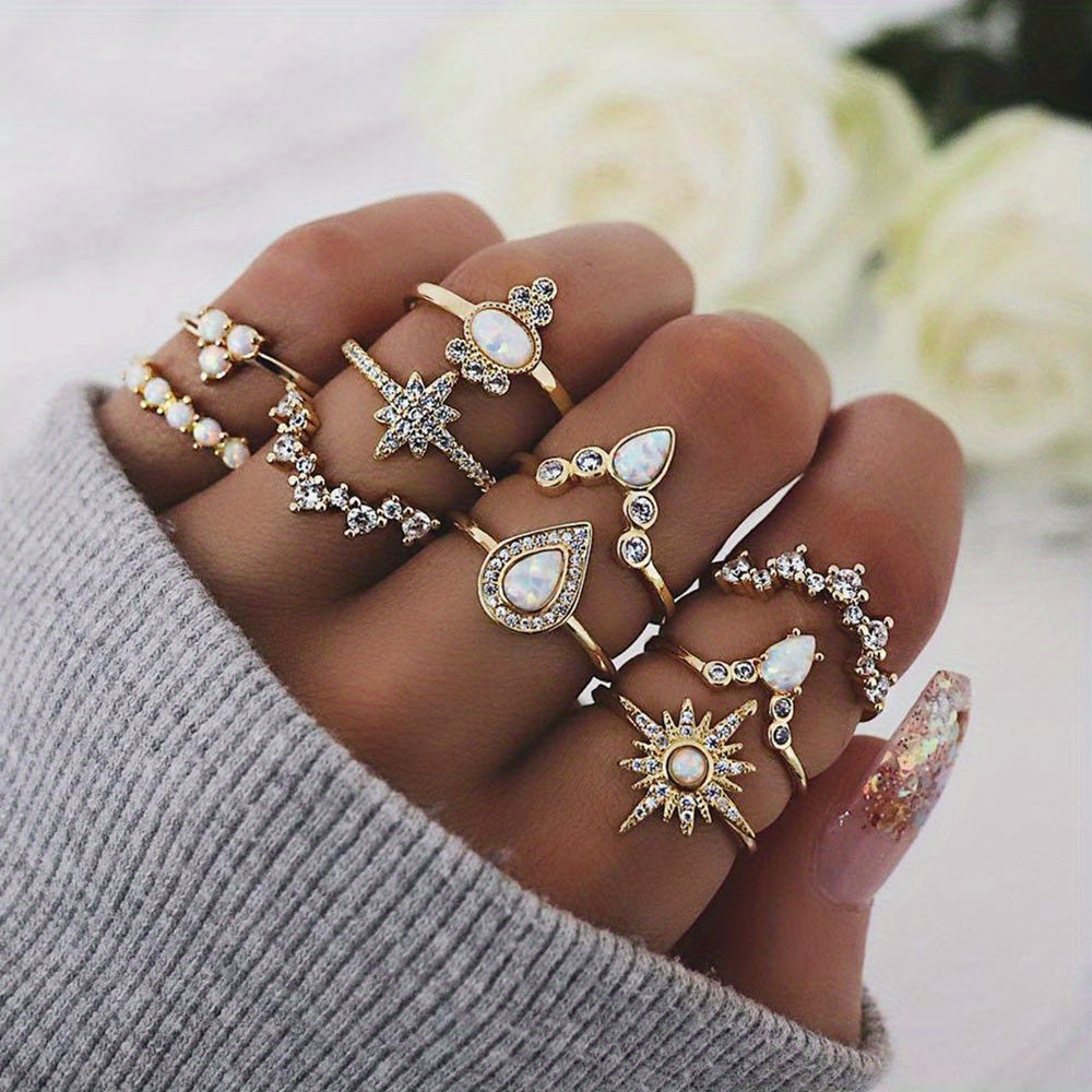 Boho Golden Ring Set Inlaid Rhinestones Stackable Jewelry For Female Trendy Patterns Crown Flower Perfect Decor For Party