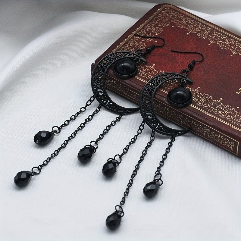 Halloween Ear Jewelry Carved Golden Moon Chain Tassel Design Dangle Earrings Goth Style Female Gift