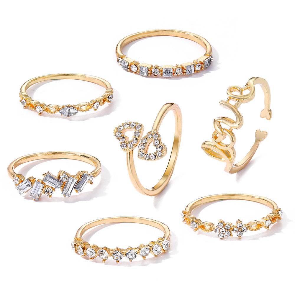 Shine Bright with our 7pcs Golden Rhinestone Love Joint Ring Set - Perfect Stylish Decoration Accessories for Women