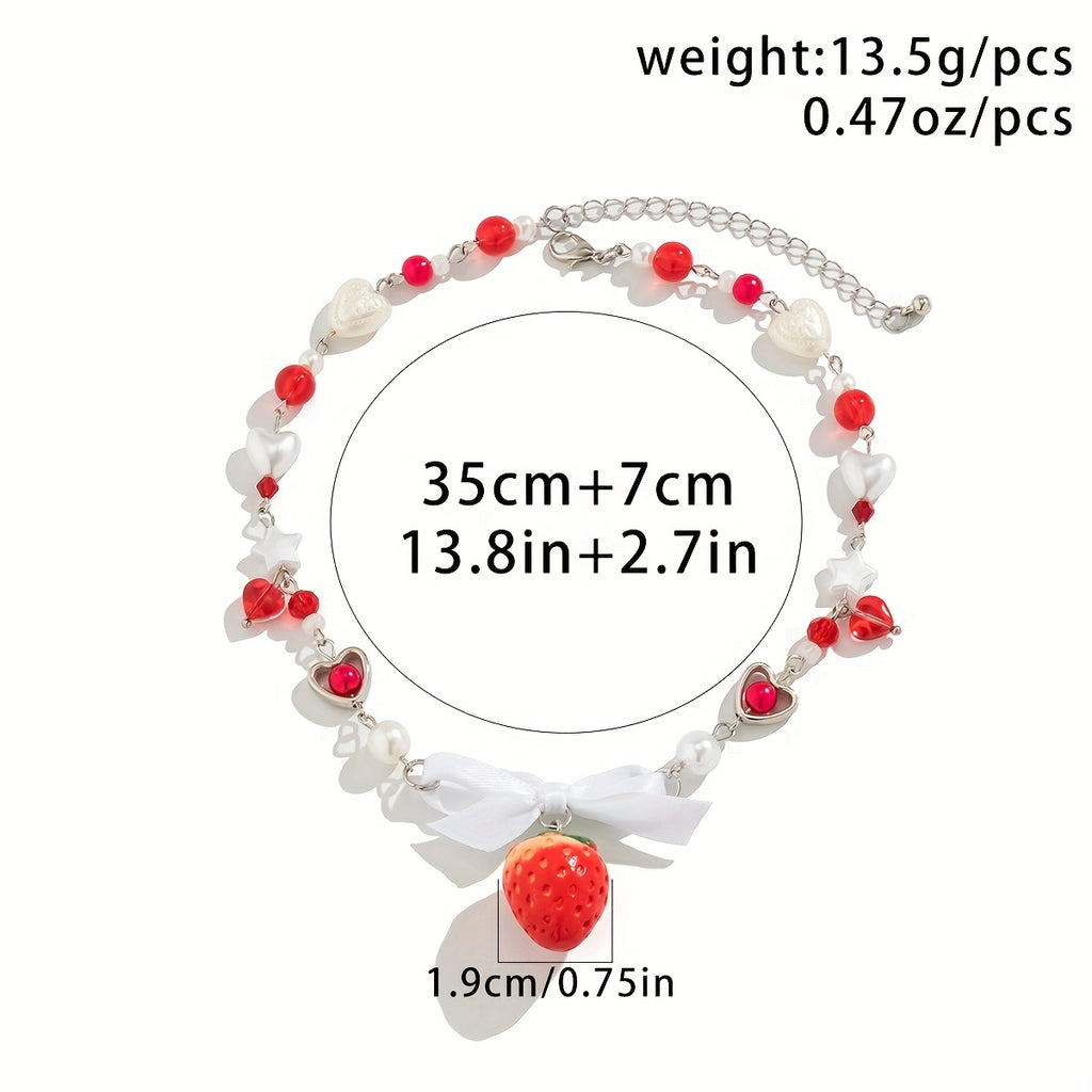 Cute Three-dimensional Strawberry Pendant Beaded Necklace Holiday Summer Party Jewelry Gift For Girls
