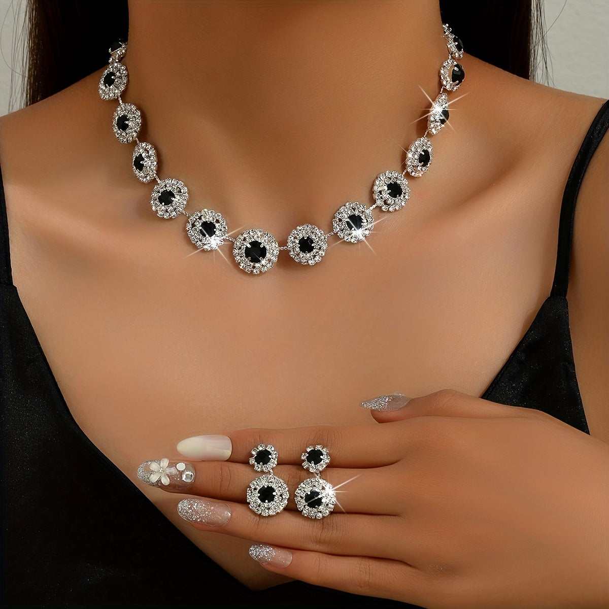 3pcs Elegant Silver Plated Rhinestone Jewelry Set for Evening Parties and Birthdays