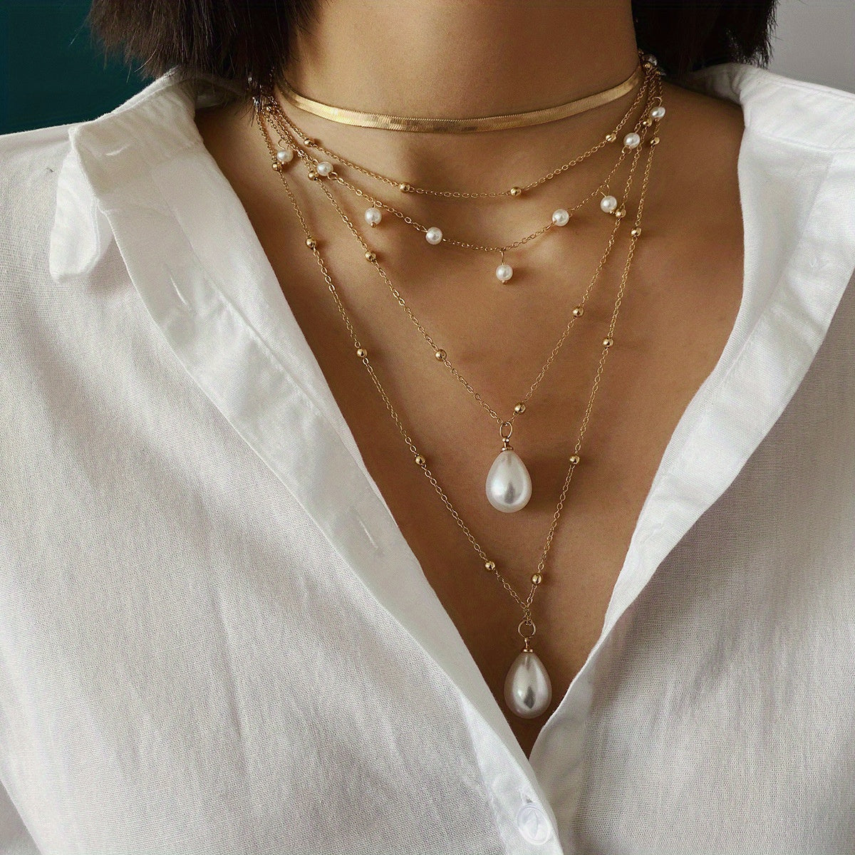 2pcs Multilayer Tassel Faux Pearl Copper Bead Flat Snake Chain Set Necklace