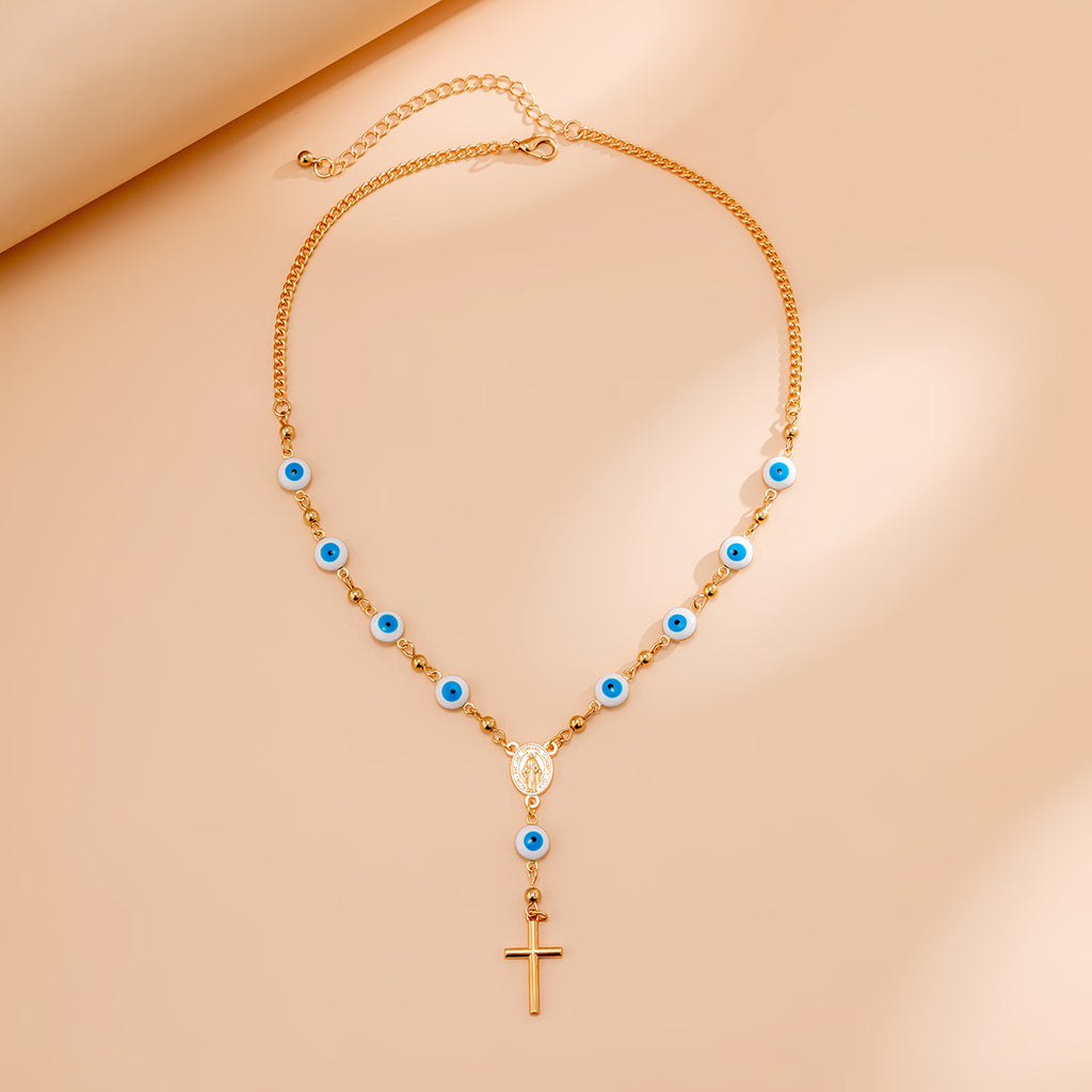 Devil's Eye Beaded Necklace Cross Shape Pendant Y-shaped Necklace Elegant Neck Chain Jewelry