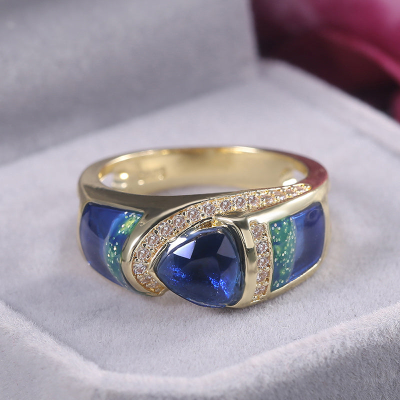 Exquisite Vintage 18k Gold Hollow Women Ring with Triangle Cut Sea Blue Crystal and Small Zircon - Perfect for Weddings, Bridesmaid Parties and Gifts