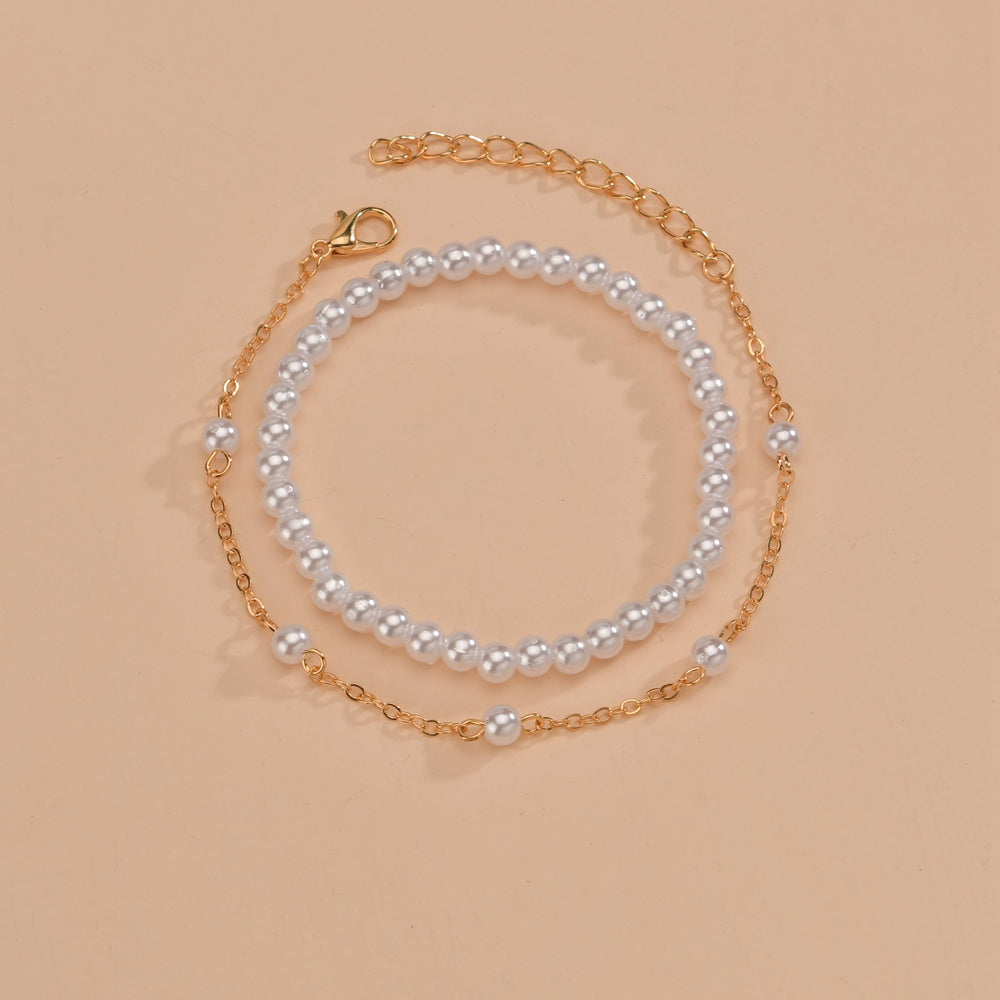 Vintage Adjustable Bracelet Set Faux Pearls Beads Sweet Hand Jewelry Set 2 Pcs Bracelet For Women