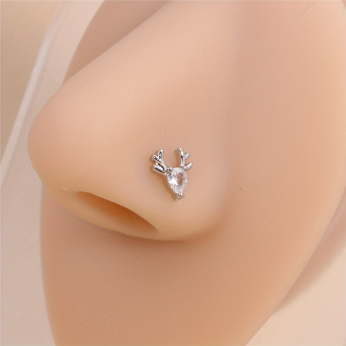 1Pcs Elk Shape Nose Ring Inlaid Cubic Zirconia L Shaped Nose Ring Stud For Women Festival Gift Body Piercing Jewelry