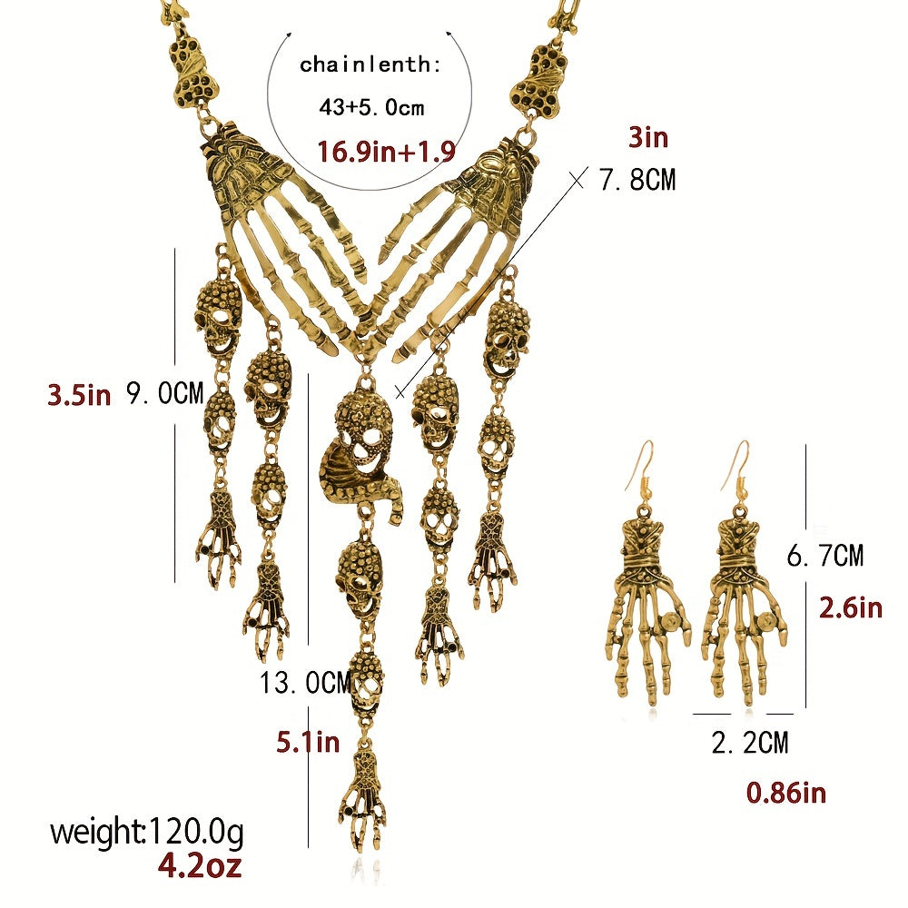 3pcs Earrings Plus Necklace Gothic Style Jewelry Set Trendy Skull Head And Skull Hand Design Golden Or Silvery Make Your Call Halloween Decor